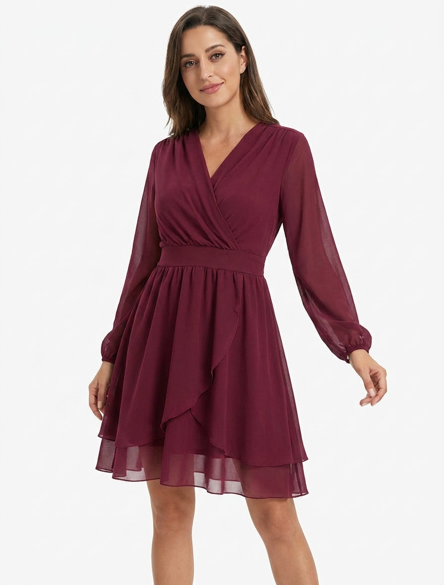 Vestido liso estilo cruzado con mangas largas - Color vino