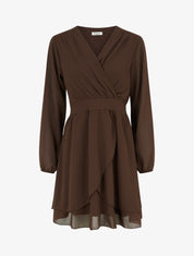 Robe unie style portefeuille à manches longues - Marron - 1