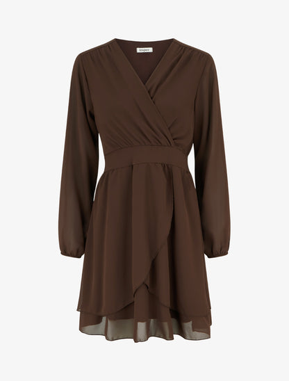 Robe unie style portefeuille à manches longues - Marron - 1