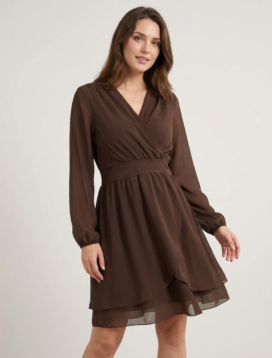 Vestido liso estilo cruzado con mangas largas - Marrón