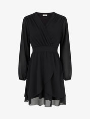 Robe unie style portefeuille à manches longues - Noir - 1