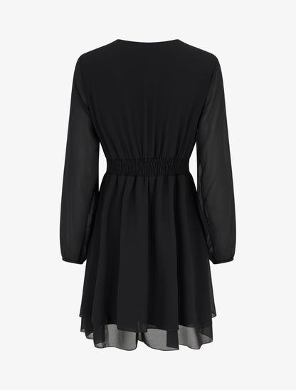 Robe unie style portefeuille à manches longues - Noir - 2