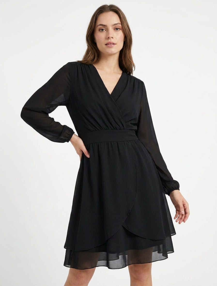 Vestido liso estilo cruzado con mangas largas - Negro