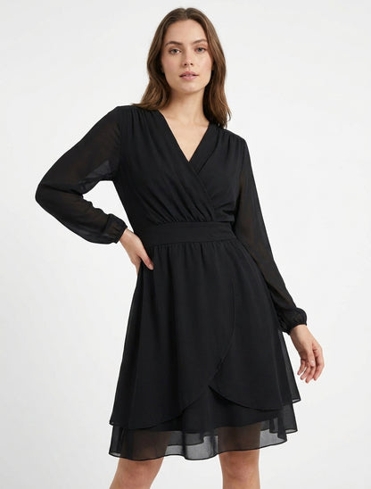 Vestido liso estilo cruzado con mangas largas - Negro