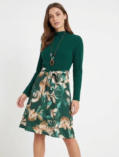 Vestido bicolor con estampado de follaje estilizado - Verde oscuro