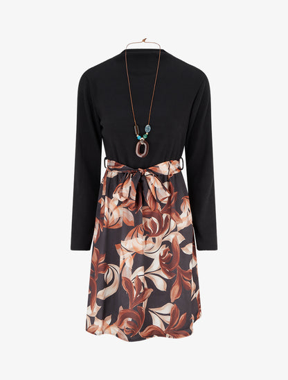 Robe bimatière à imprimé feuillage stylisé - Noir - 1