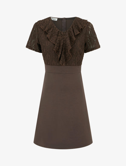 Robe droite à buste volanté en dentelle - Marron - 1