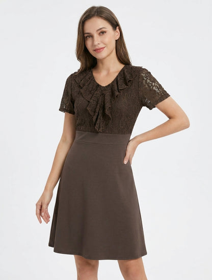 Vestido recto con cuerpo de volantes de encaje - Marrón