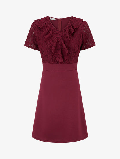 Robe droite à buste volanté en dentelle - Lie de vin - 1