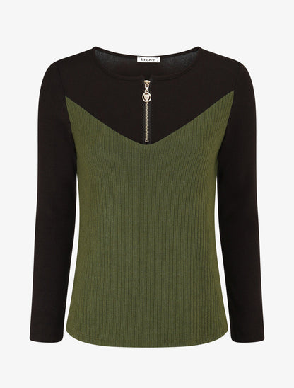 Pull bimatière à encolure zippée - Vert - 1