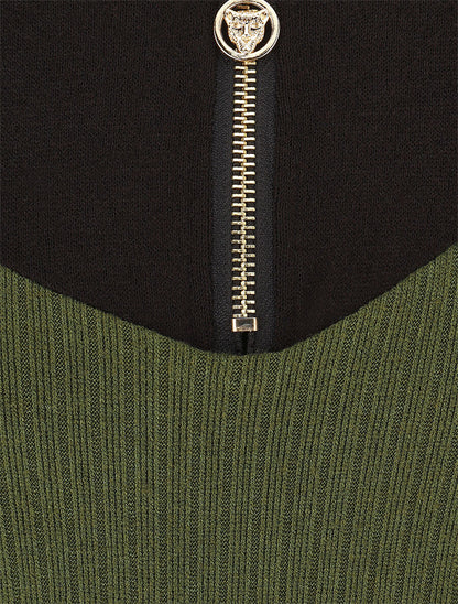 Pull bimatière à encolure zippée - Vert - 3