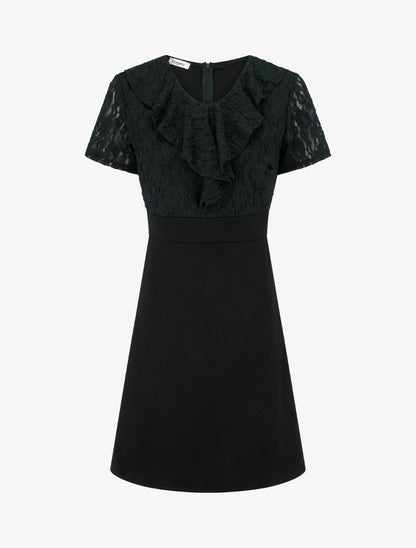 Robe droite à buste volanté en dentelle - Noir - 1