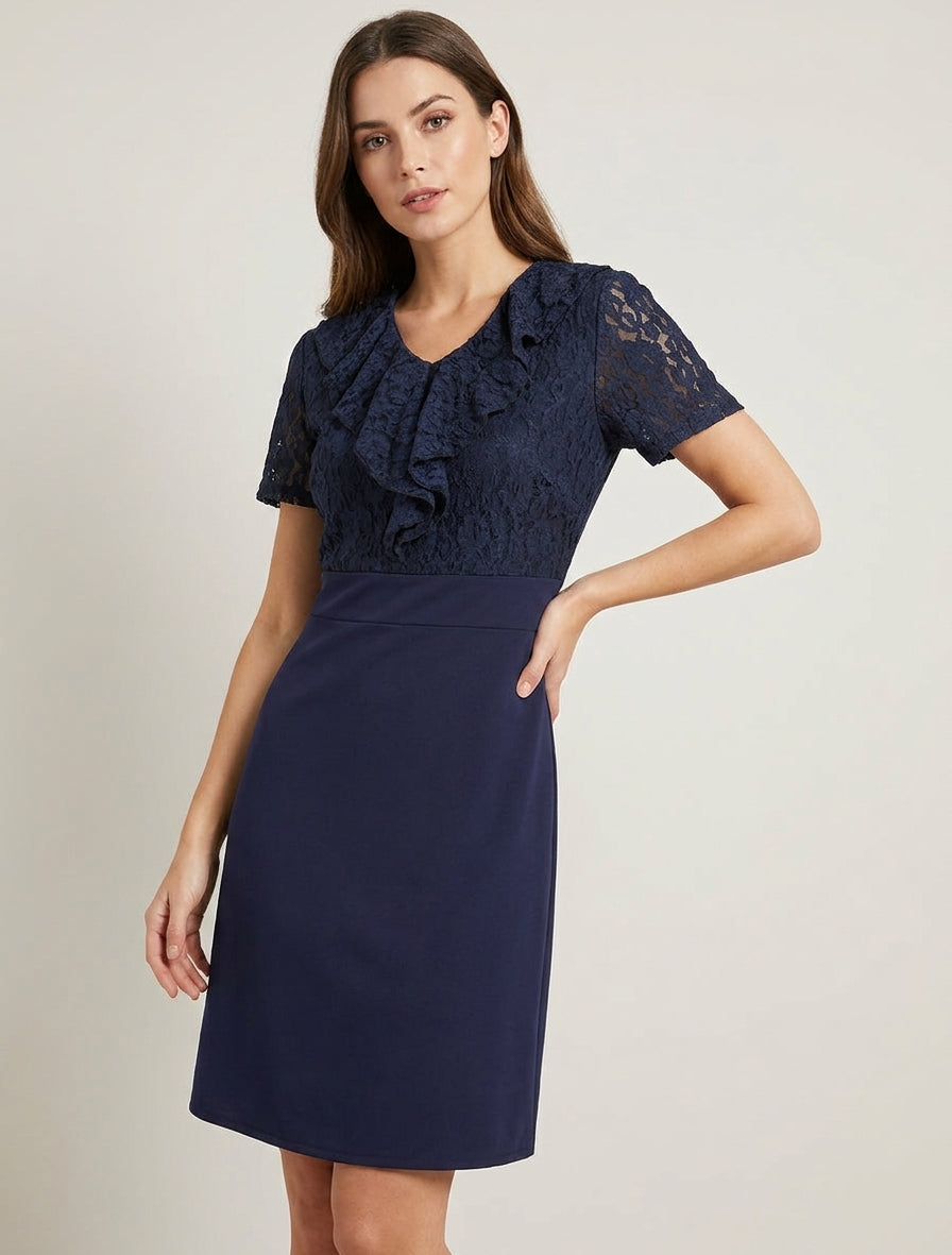 Vestido recto con cuerpo de volantes de encaje - Marine