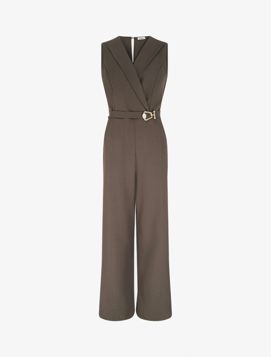 Combinaison droite à col cache-coeur et bijou - Marron - 1