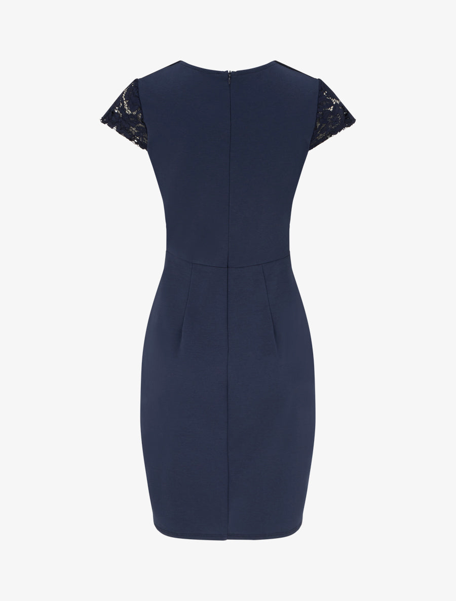 Robe moulante à buste en dentelle et manches courtes - Marine - 2