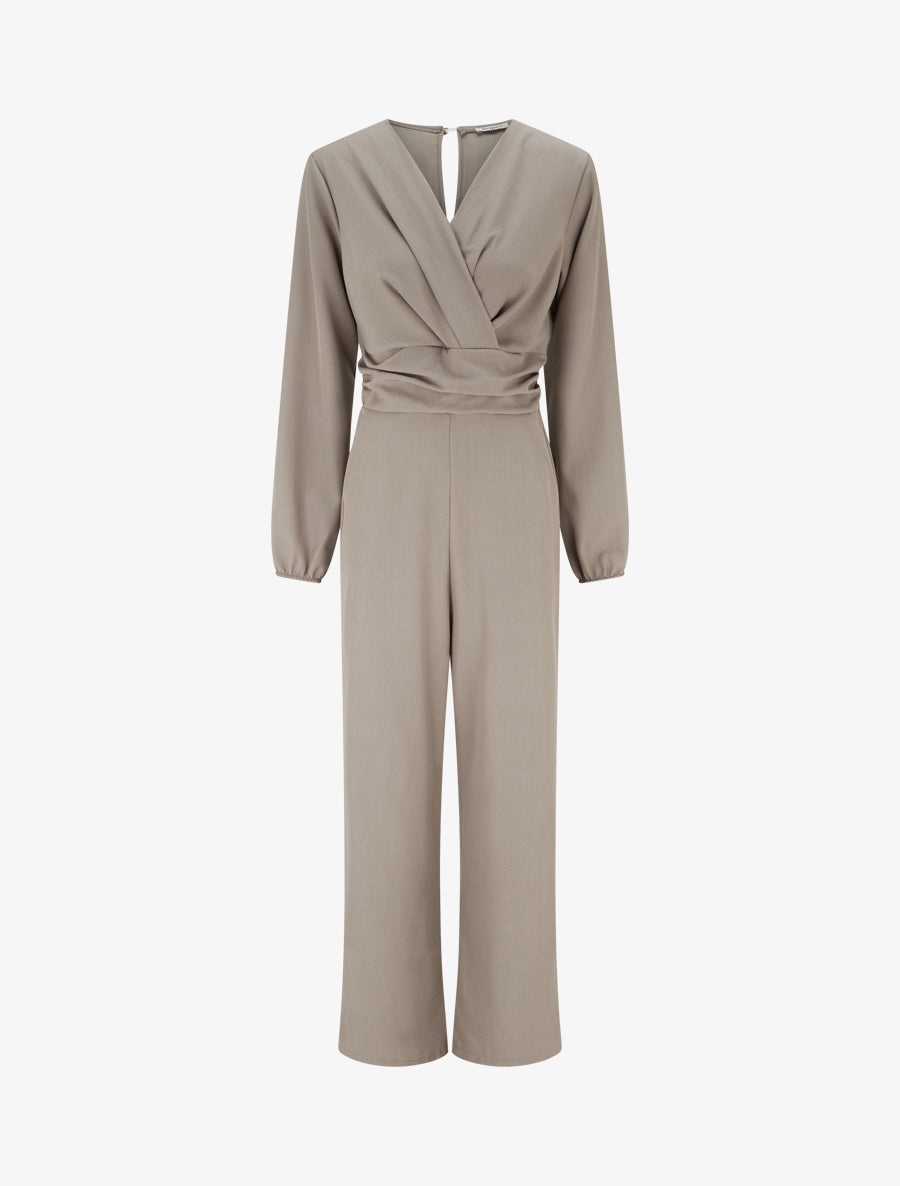 Combinaison manches longues à taille effet drapé - Taupe - 1