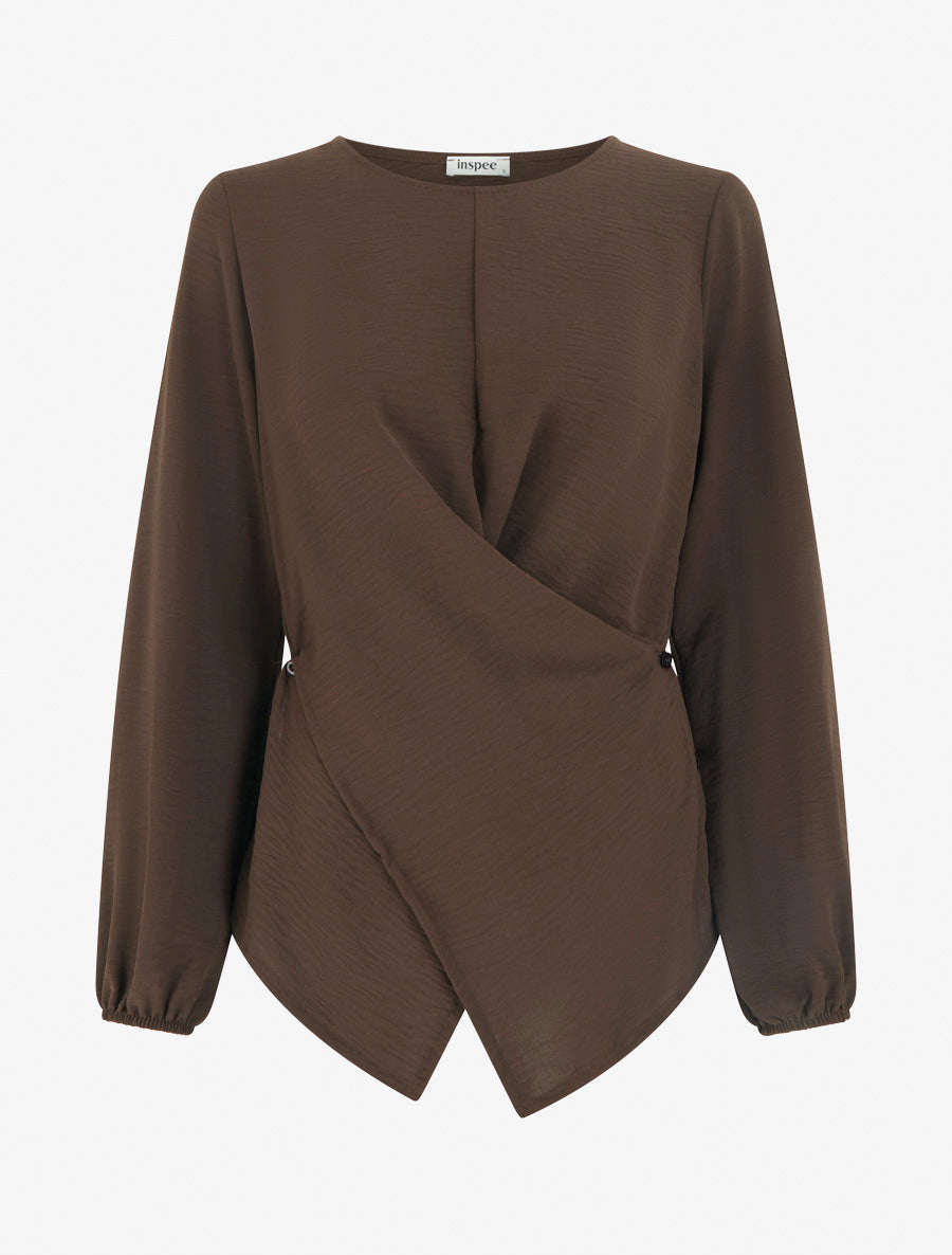 Top droit à bords boutonnés et effet croisé - Marron - 1