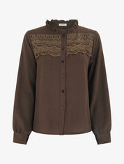 Blouse à col montant volanté et dentelle - Marron - 1