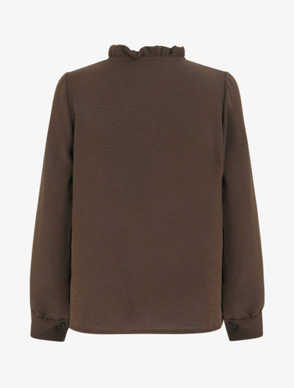 Blouse à col montant volanté et dentelle - Marron - 2