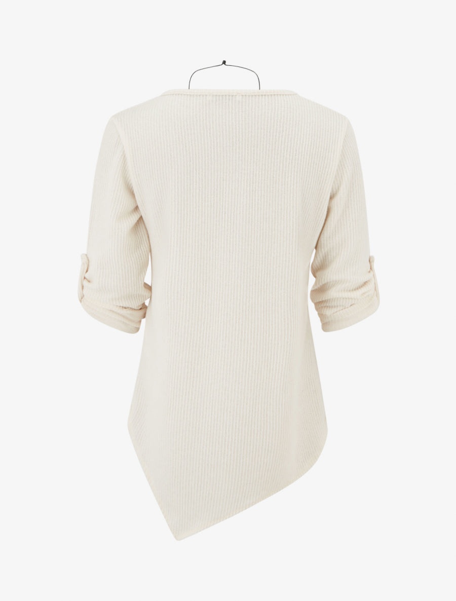 Pull effet côtelé à manches longues retroussables - Crème - 2