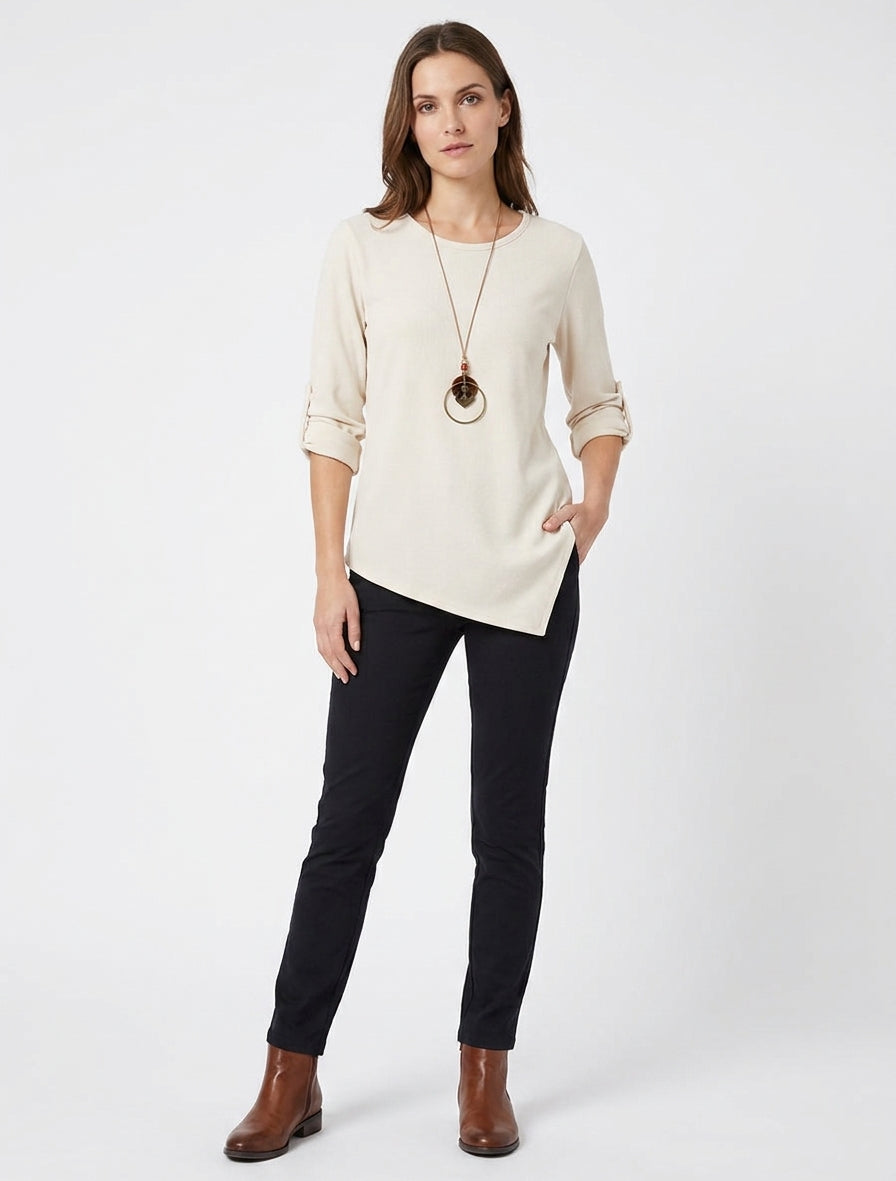 Jersey liso con mangas largas enrollables - Crema