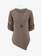Pull uni à manches longues retroussables - Taupe - 1