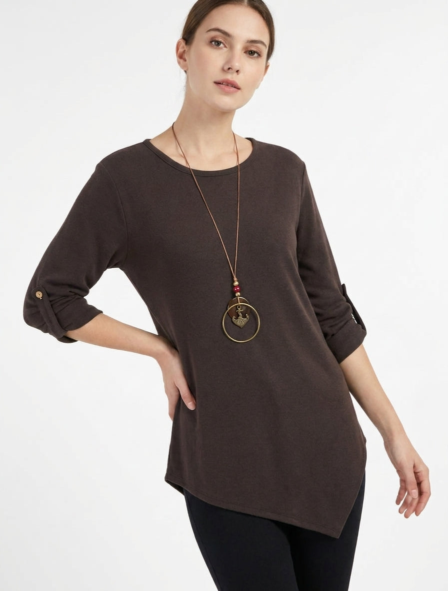 Jersey liso con mangas largas enrollables - Marrón