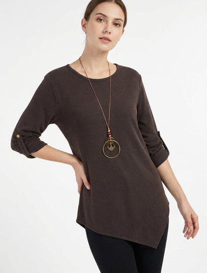 Jersey liso con mangas largas enrollables - Marrón