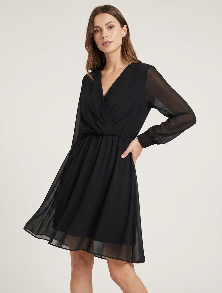 Vestido evasé de gasa con cuello cruzado - Negro