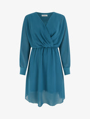Robe évasée en voile à col cache-coeur - Bleu canard - 1