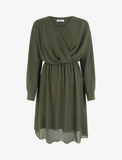 Robe évasée en voile à col cache-coeur - Kaki - 1