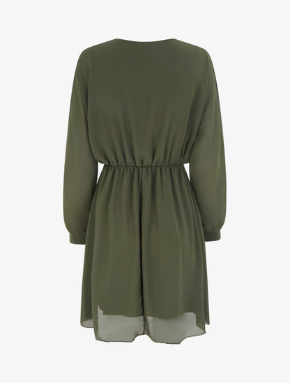 Robe évasée en voile à col cache-coeur - Kaki - 2
