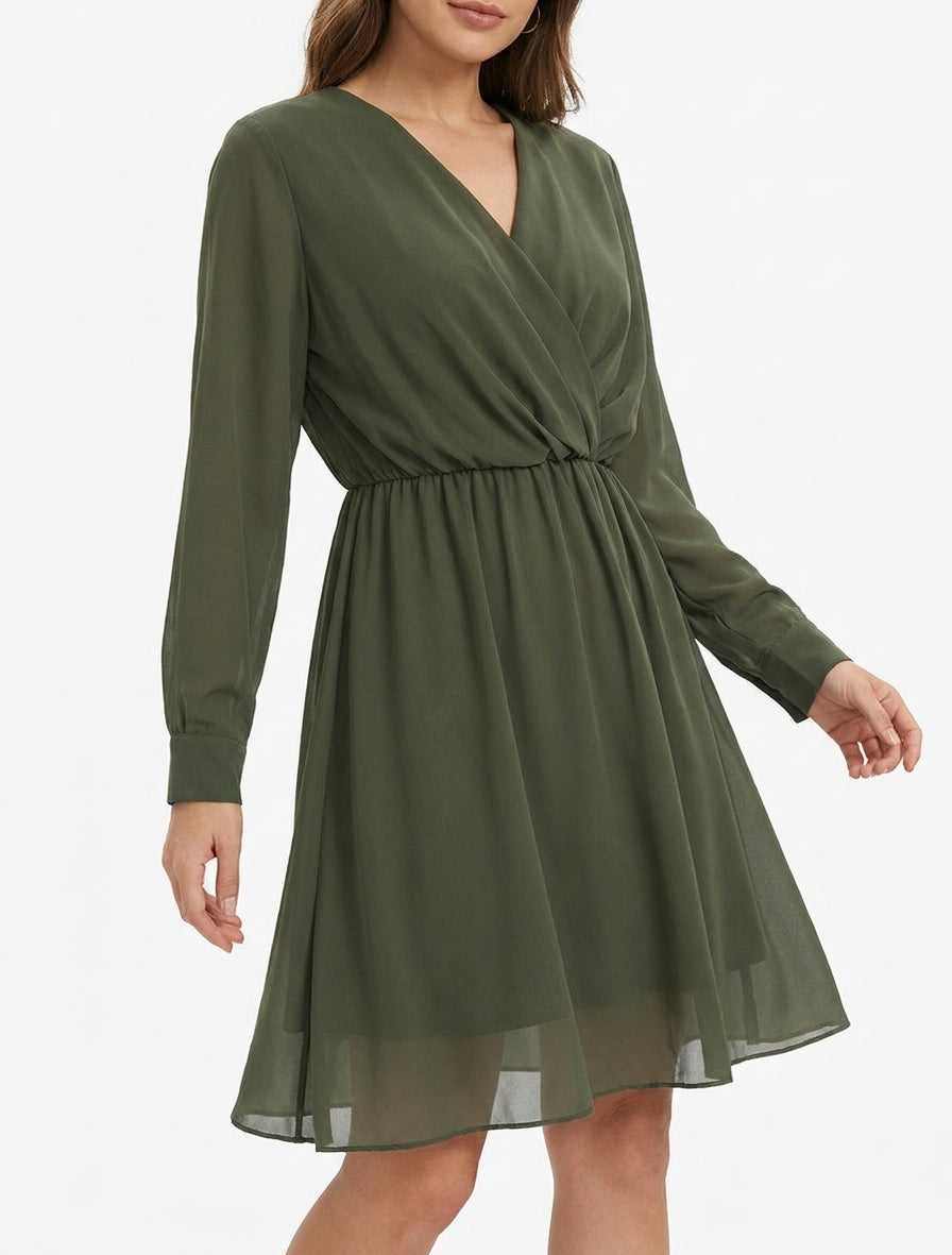 Vestido evasé de gasa con cuello cruzado - Caqui