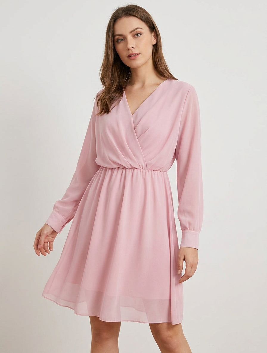 Vestido evasé de gasa con cuello cruzado - Rosa