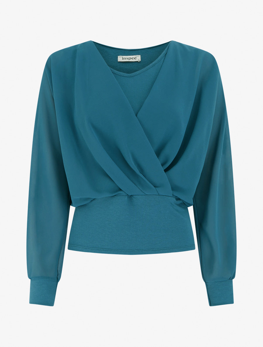 Top à manches style chauve-souris et pans cache-coeur - Bleu canard - 1