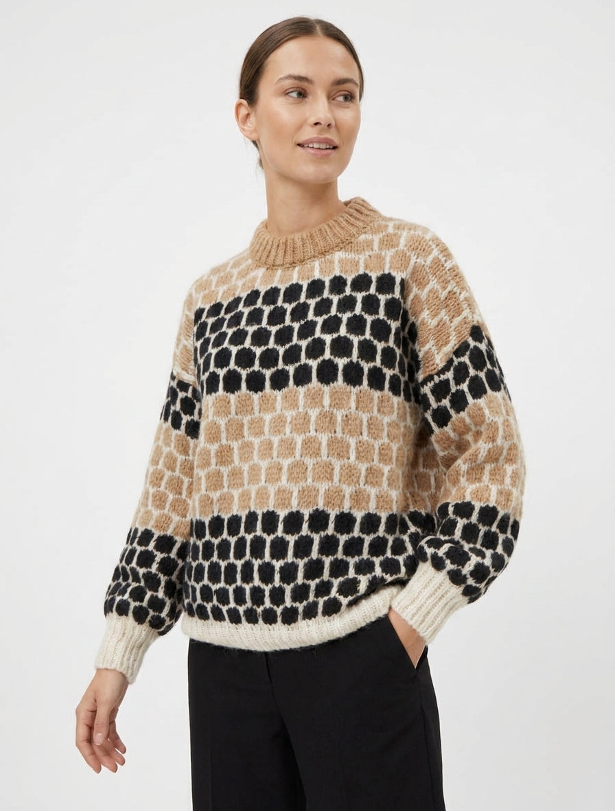 Suéter de mezcla de mohair con patrón de círculos - Camello/negro