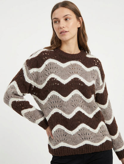 Suéter de mezcla de mohair con diseño de rayas curvas - Marrón/topo