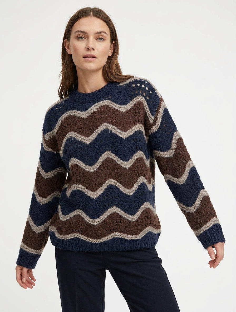 Suéter de mezcla de mohair con diseño de rayas curvas - Marrón/marino