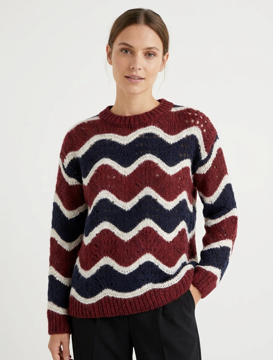 Suéter de mezcla de mohair con diseño de rayas curvas - Marino/burdeos