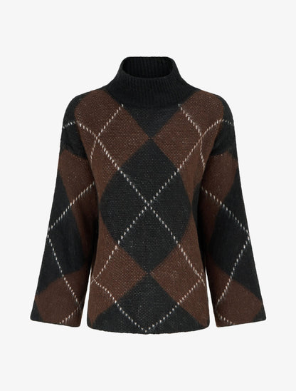 Pull à col montant et motif carreaux en mohair mélangé - Marron - 1