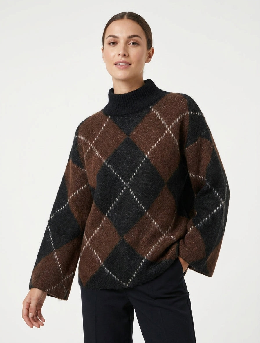 Jersey de cuello alto y diseño de cuadros en mezcla de mohair. - Marrón