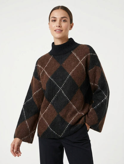 Jersey de cuello alto y diseño de cuadros en mezcla de mohair. - Marrón