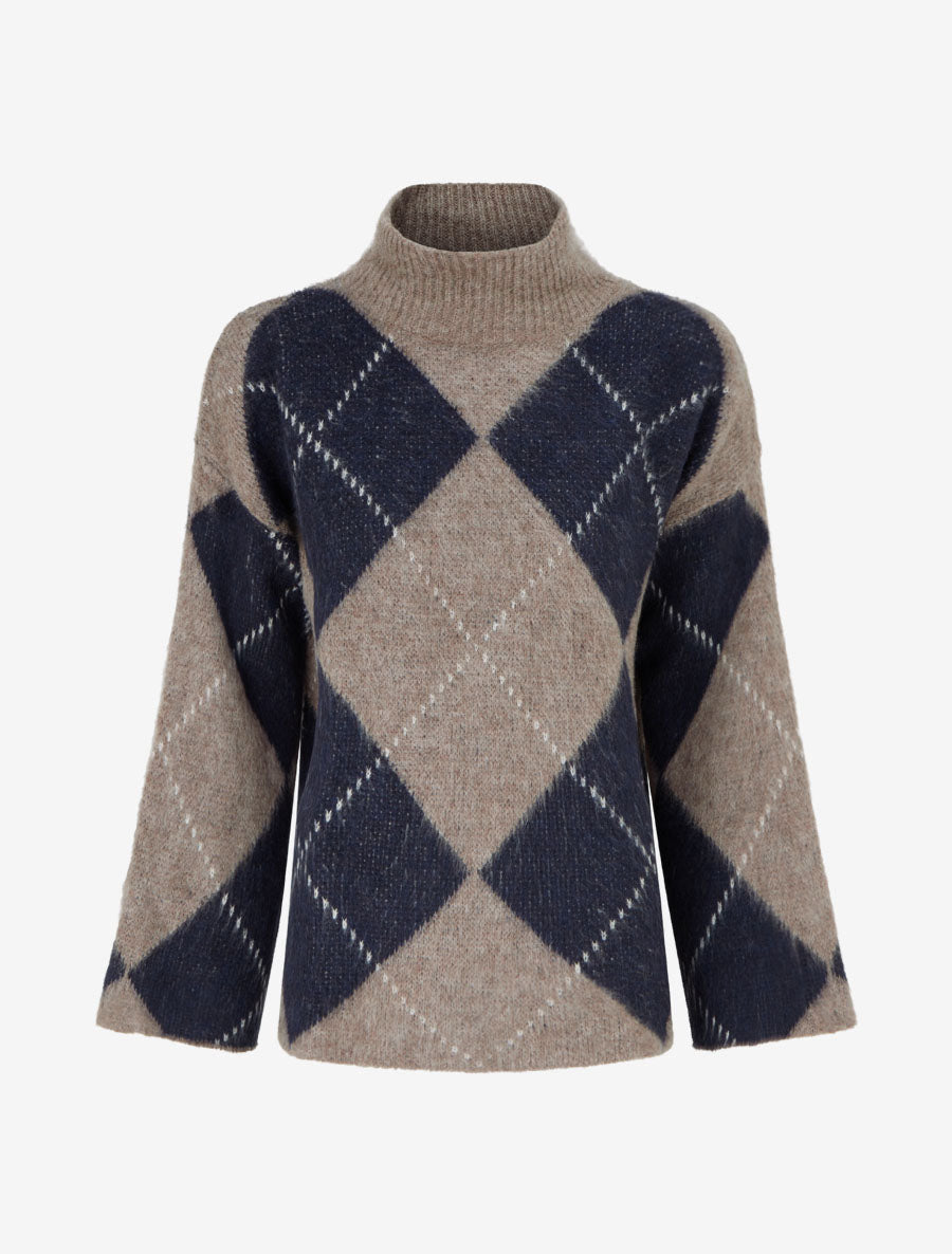 Pull à col montant et motif carreaux en mohair mélangé - Taupe - 1