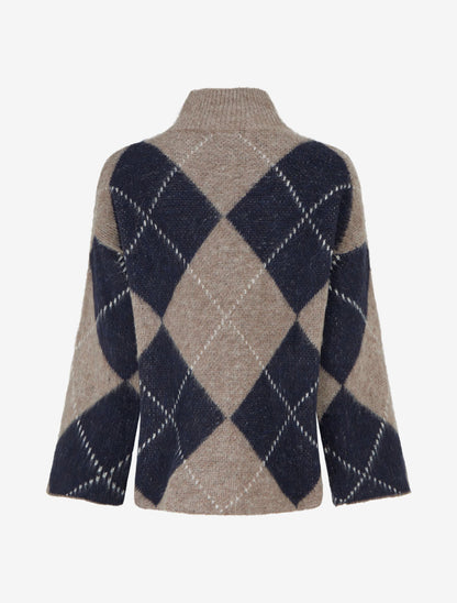 Pull à col montant et motif carreaux en mohair mélangé - Taupe - 2