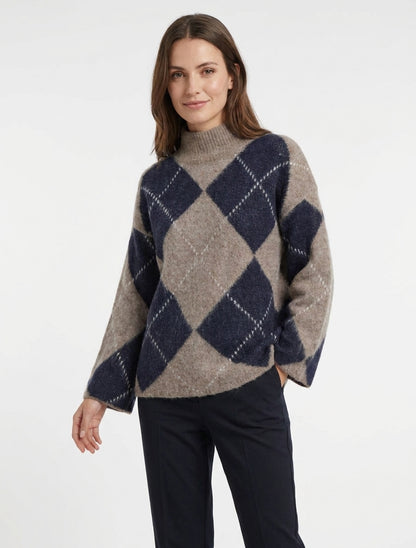 Jersey de cuello alto y diseño de cuadros en mezcla de mohair. - Topo