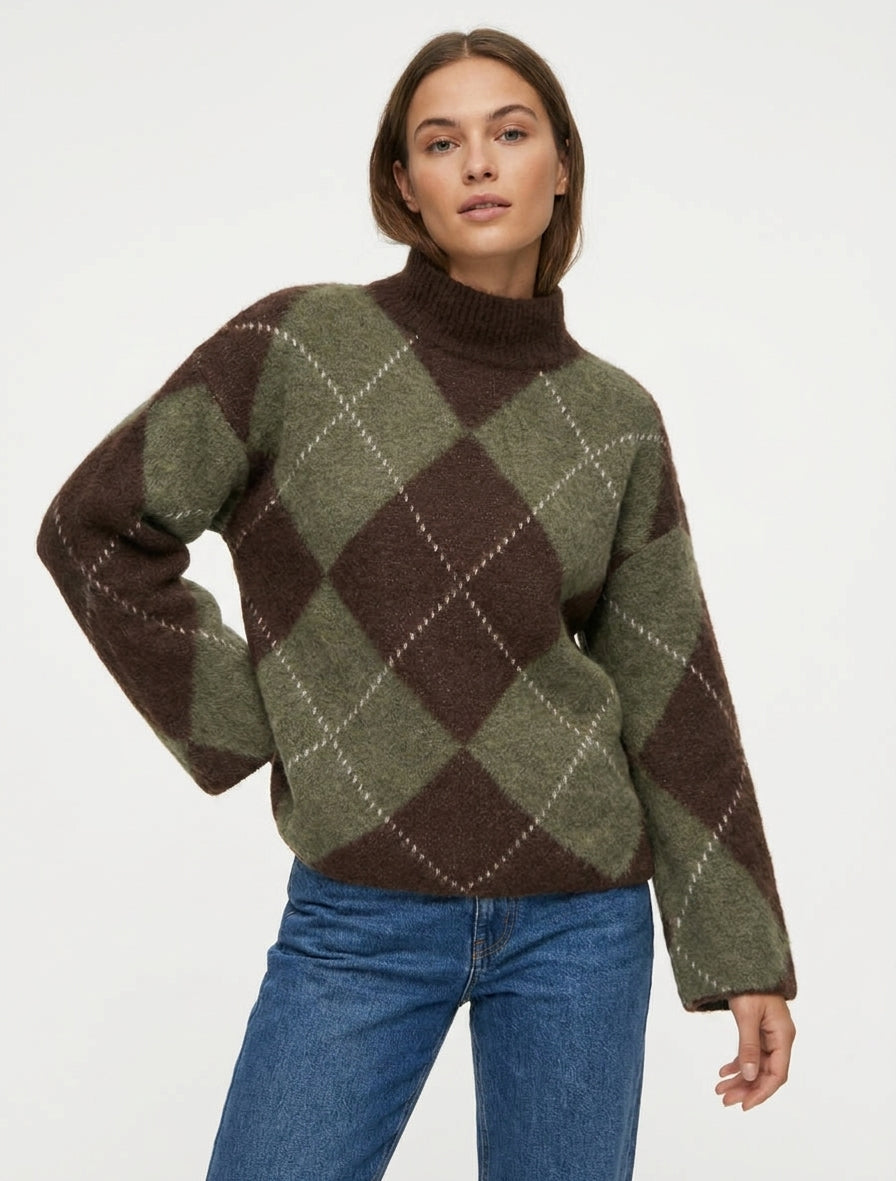 Jersey de cuello alto y diseño de cuadros en mezcla de mohair. - Caqui