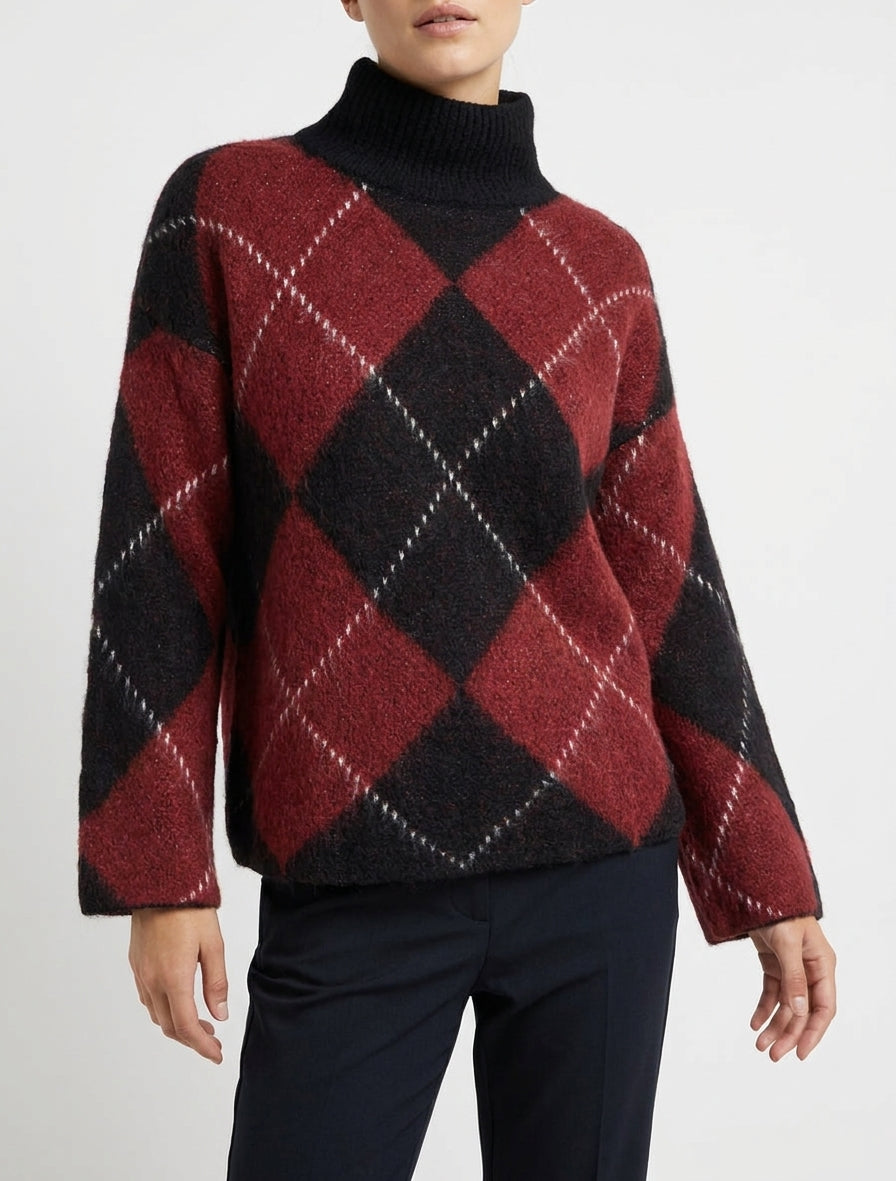 Jersey de cuello alto y diseño de cuadros en mezcla de mohair. - Burdeos