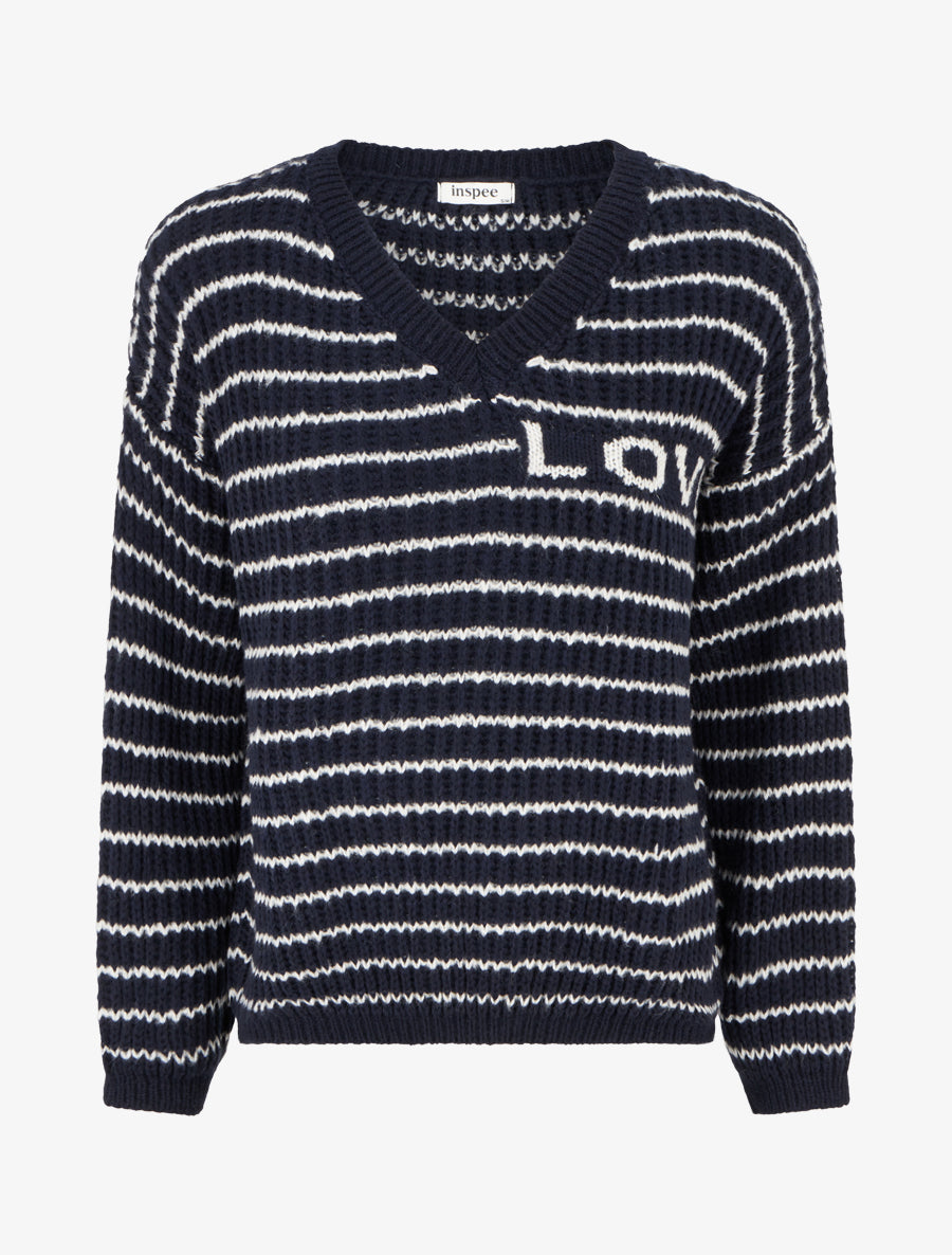 Pull mohair inscription LOVE à rayures - Marine - 1