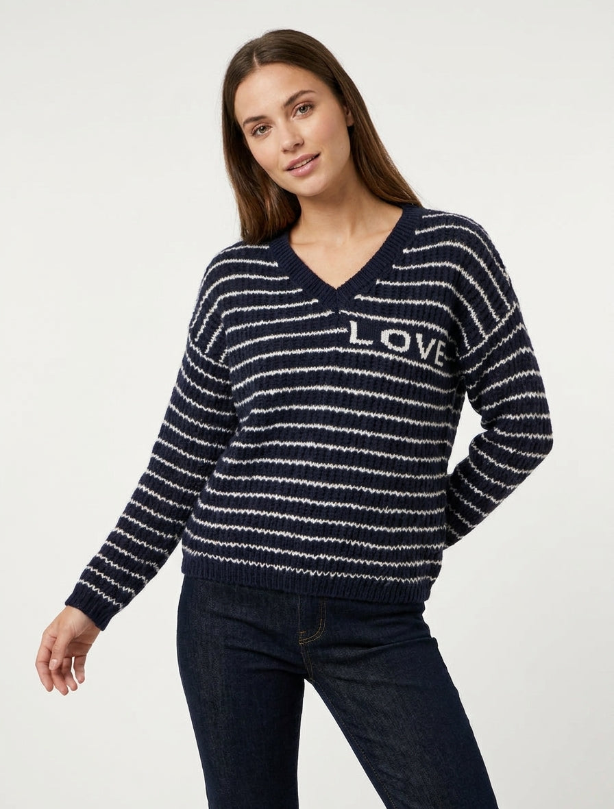 Suéter de mohair con inscripción LOVE a rayas - Marine