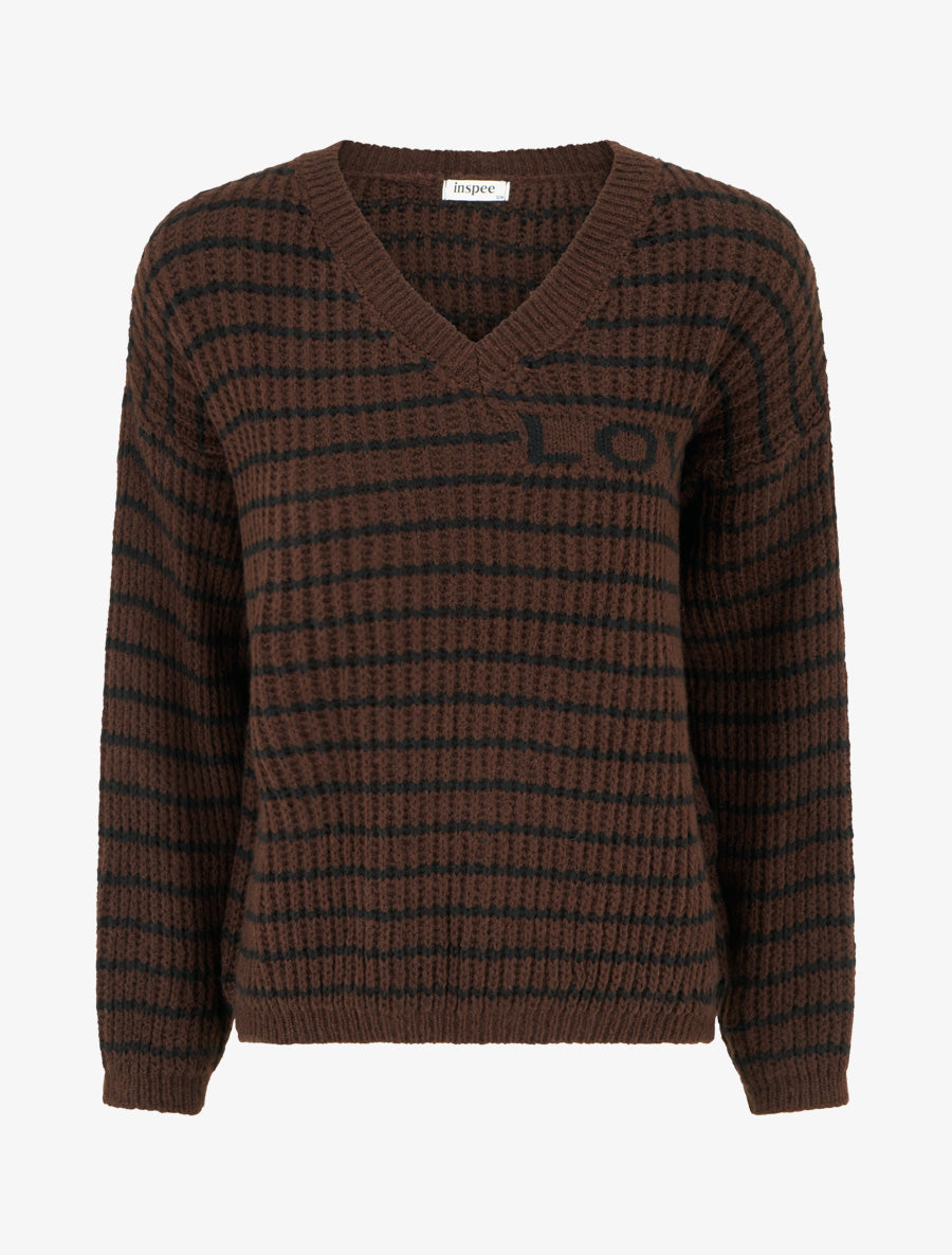 Pull mohair inscription LOVE à rayures - Marron - 1